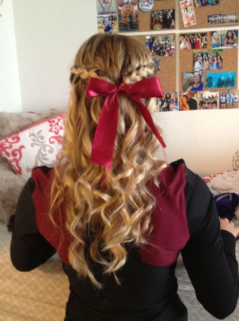 Maroon Ribbon Curly Half-Up