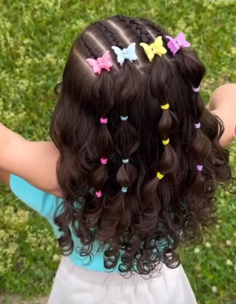 Curly Hairstyle with Colorful Clips Daughter Hairstyle