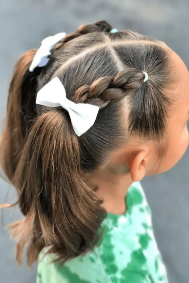 Side Braid Pony with White Bow Daughter Hairstyle