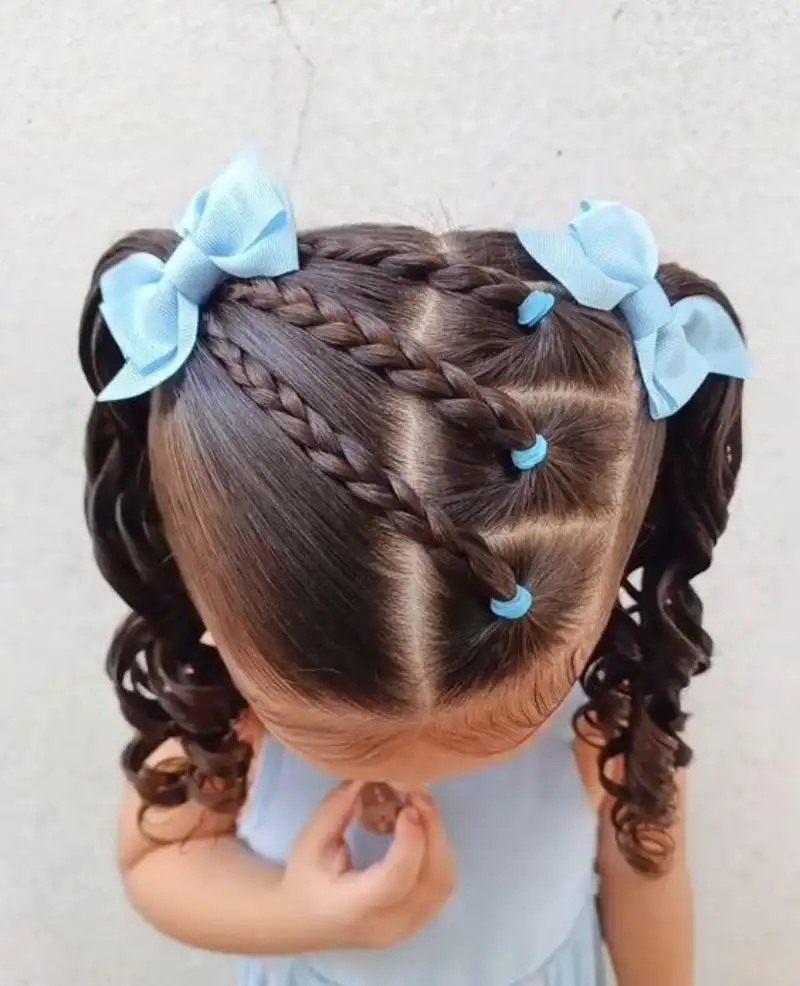 Curly Twin Braids with Blue Bow Daughter Hairstyle