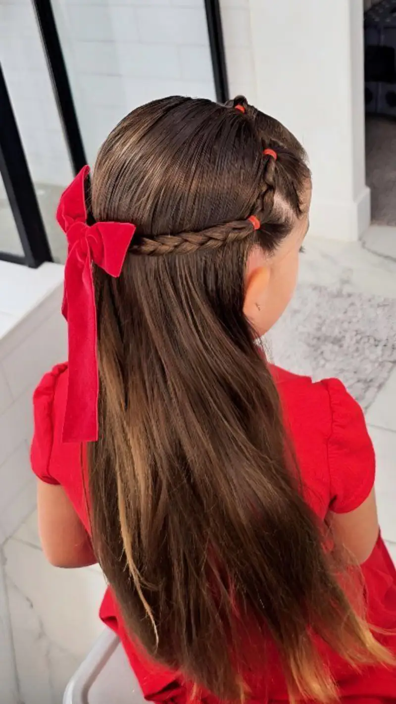 Half Pony with Red Ribbon Daughter Hairstyle