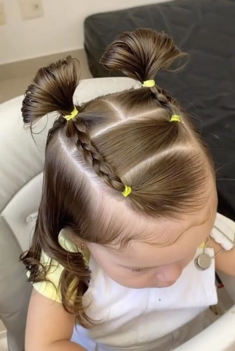 Double Space Buns with Braided Front Fun Hairstyles for Kids