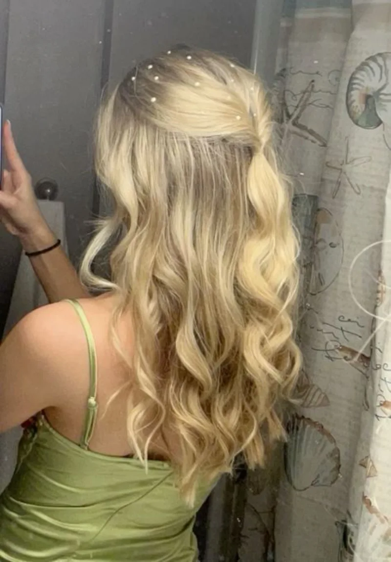 Romantic Half-Up Blonde Waves homecoming hairstyle