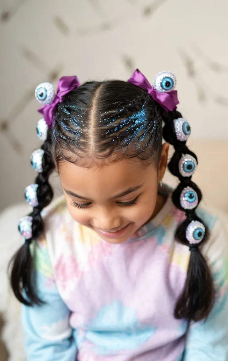 spooky eyeball braids halloween hairstyle for kids
