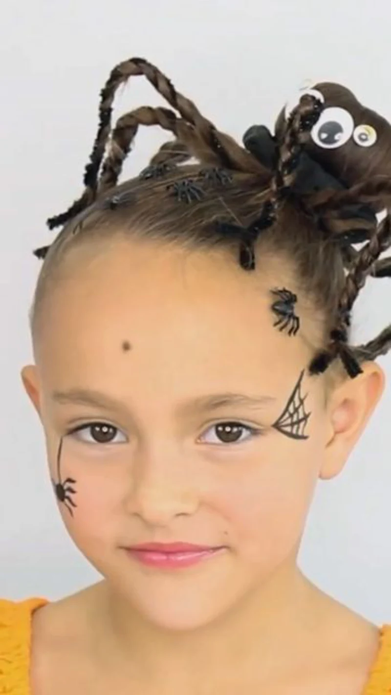 mini spider braids halloween hairstyle for kids