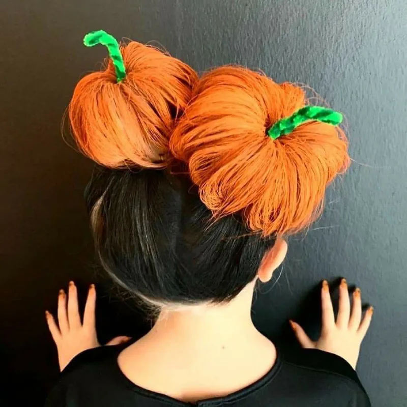 double pumpkin buns halloween hairstyle for kids