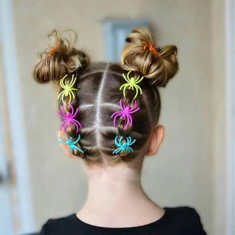 colorful spider pigtails halloween hairstyle for kids