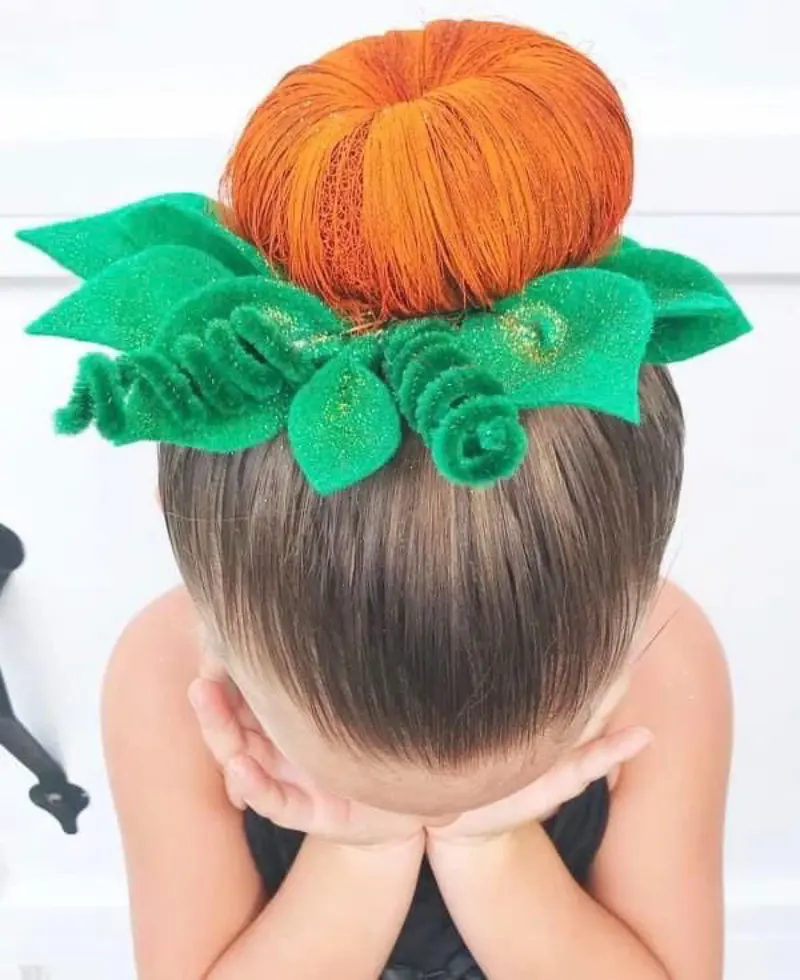 pumpkin top bun with leaves halloween hairstyle