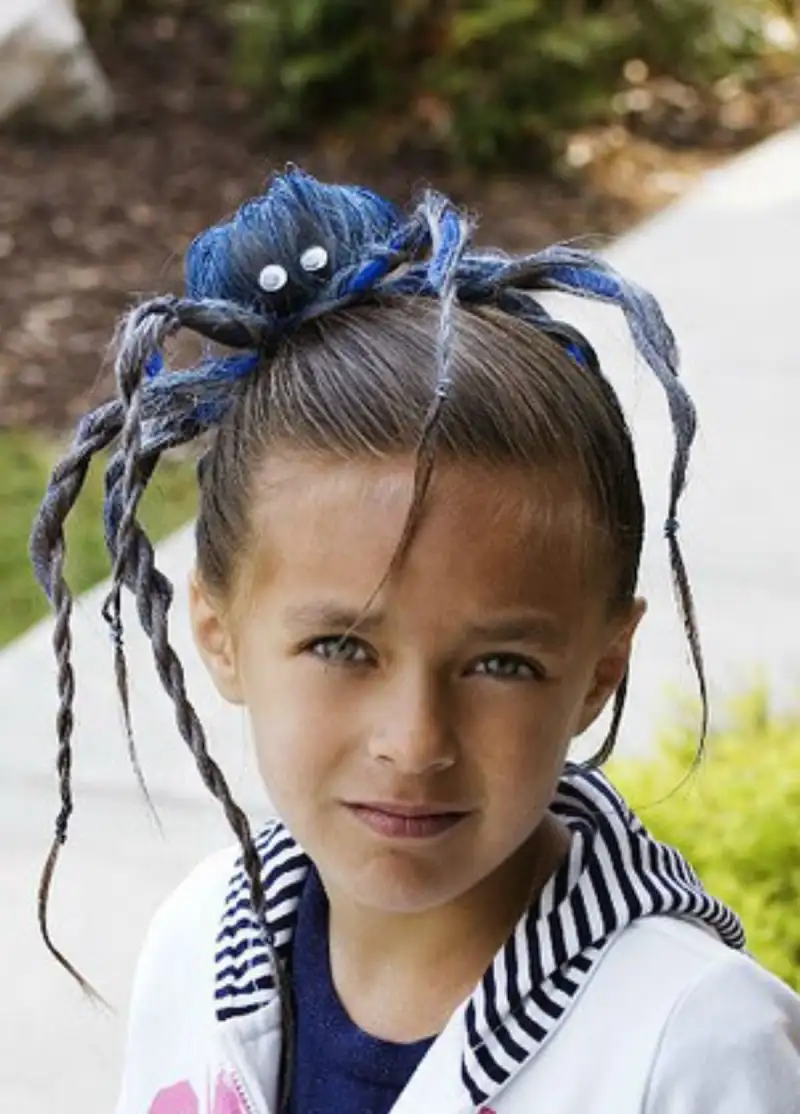 blue spider bun halloween hairstyle