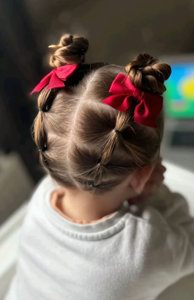 Double Bun with Red Bow School Hairstyle