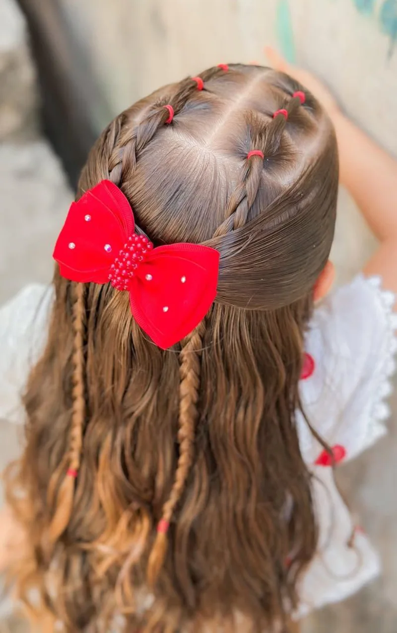 Side Braid with Red Bow School Look