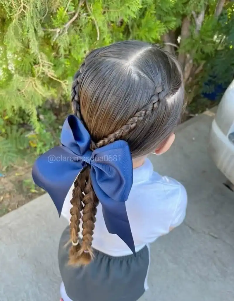 Double Braids with Bow School Hairstyle
