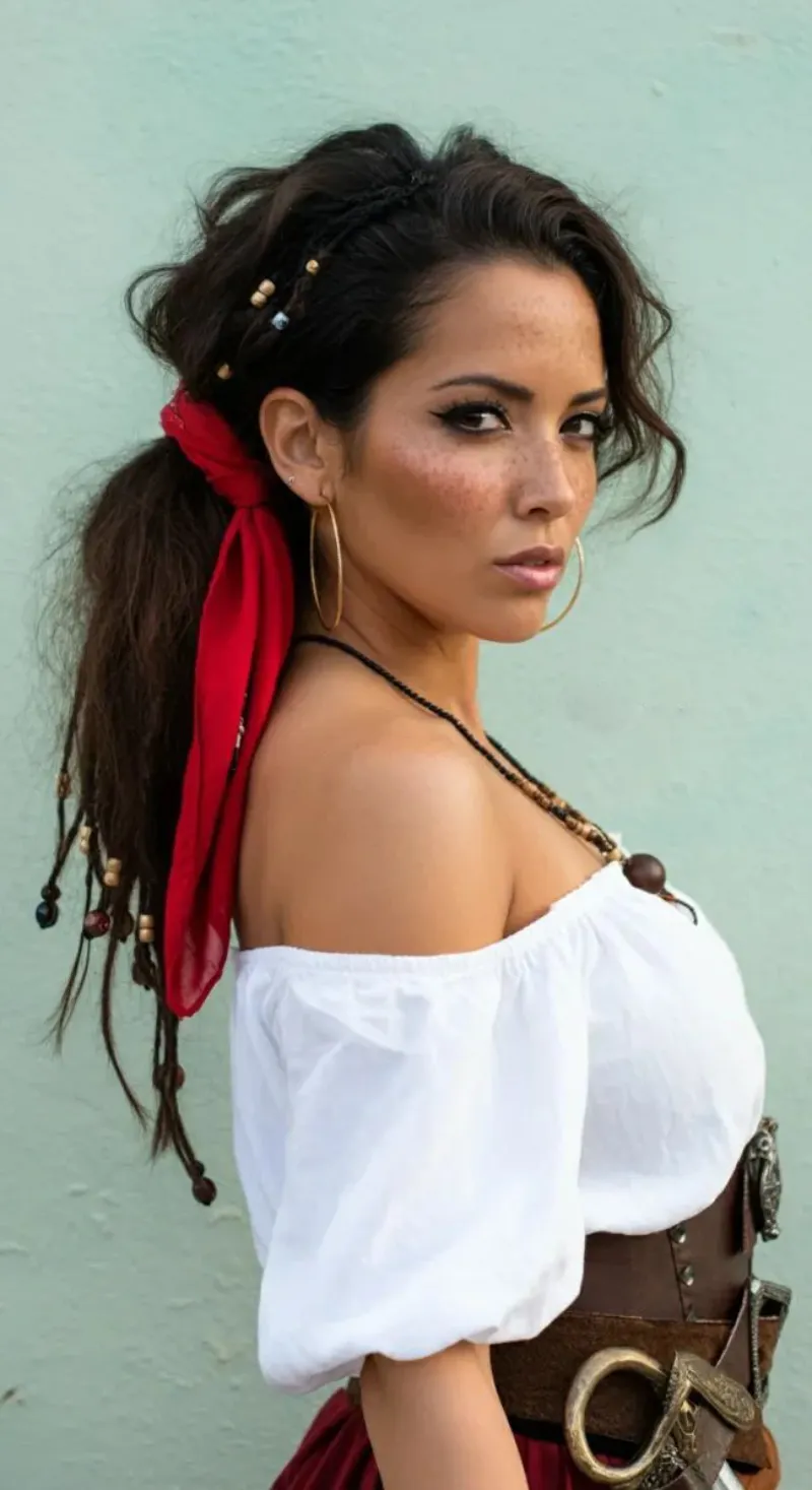 Romantic Pirate Ponytail with Red Scarf Pirate Hairstyles for Women
