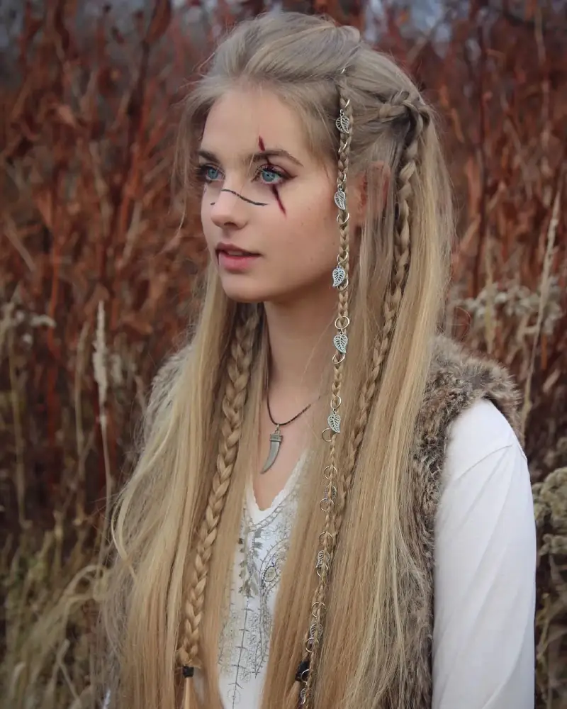 Long Golden Pirate Braids with Trinkets Pirate Hairstyles for Women