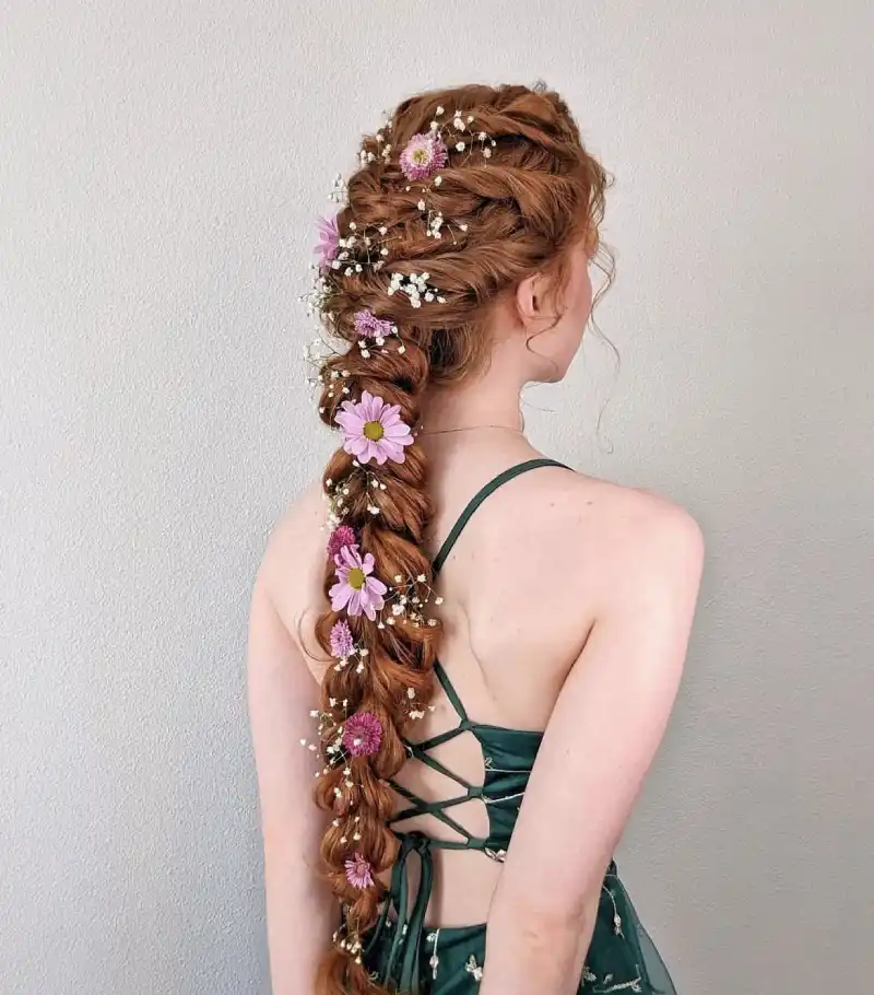 romantic flower braid rapunzel hairstyle