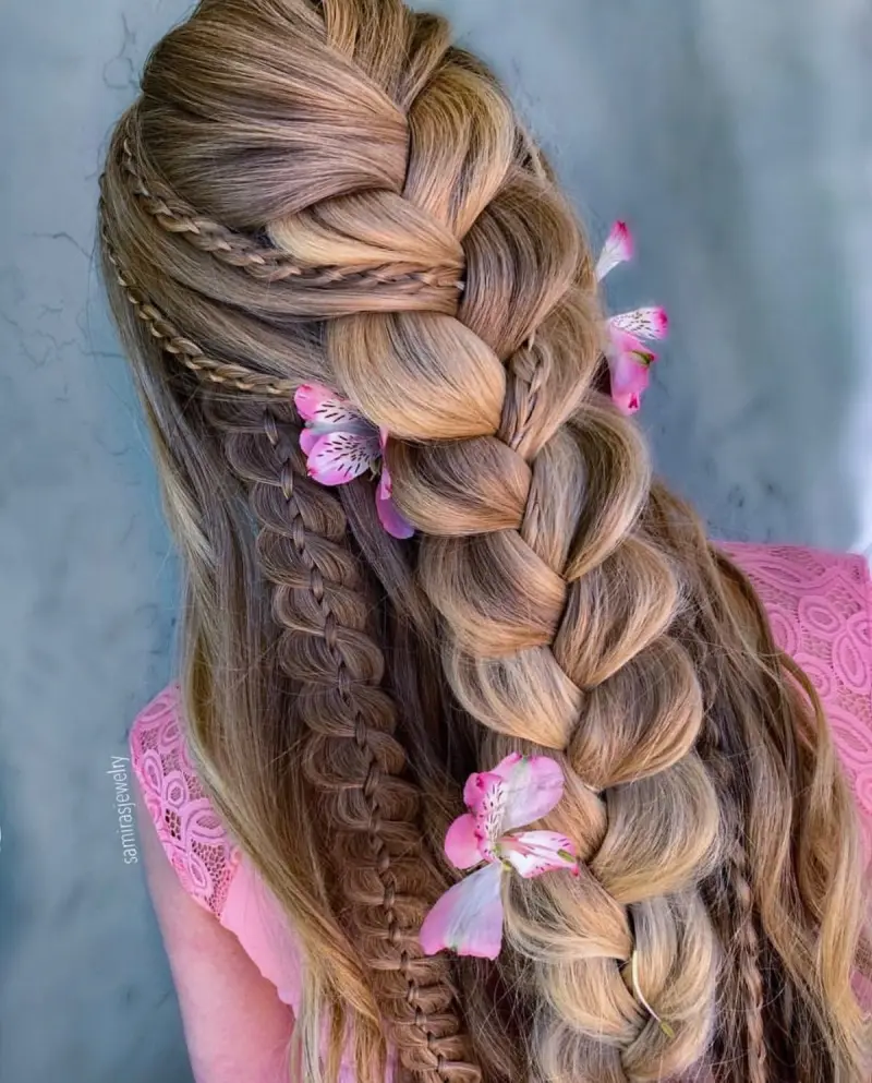 pink petal fishtail rapunzel hairstyle