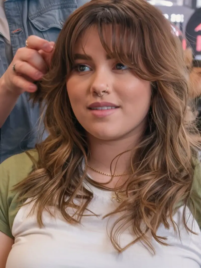Glam Wavy Shag with Full Curtain Bangs